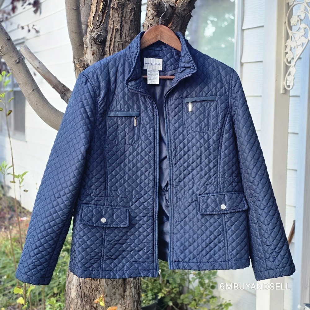 White Stag Womens Navy Blue Quilted Zip‎ Up Jacket Diamond Stitch Size L 12-14